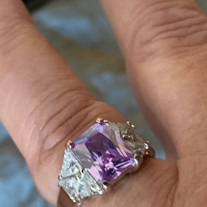 Created princess cut amethyst and trillion CZ ring